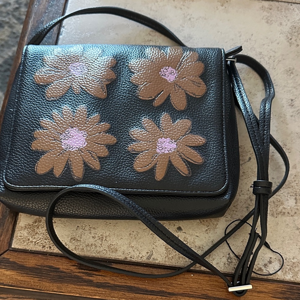 Vera Bradley Black Crossbody Bag with Brown and Pink Floral Design